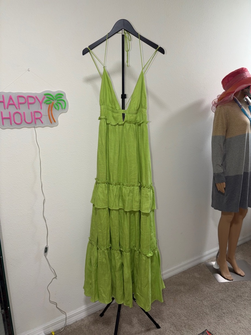 CAMI NYC Women's KIWI COLORED Tiered Maxi DORIS Dress - V-Neck Halter